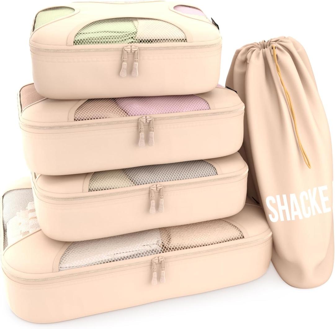 Shacke Premium 5 Packing Cubes Set - Lightweight Mesh Travel Luggage Organizers with Laundry Bag, 5-Piece Suitcase Storage System (Cream) (Set of 5, 5 Set - Cream)