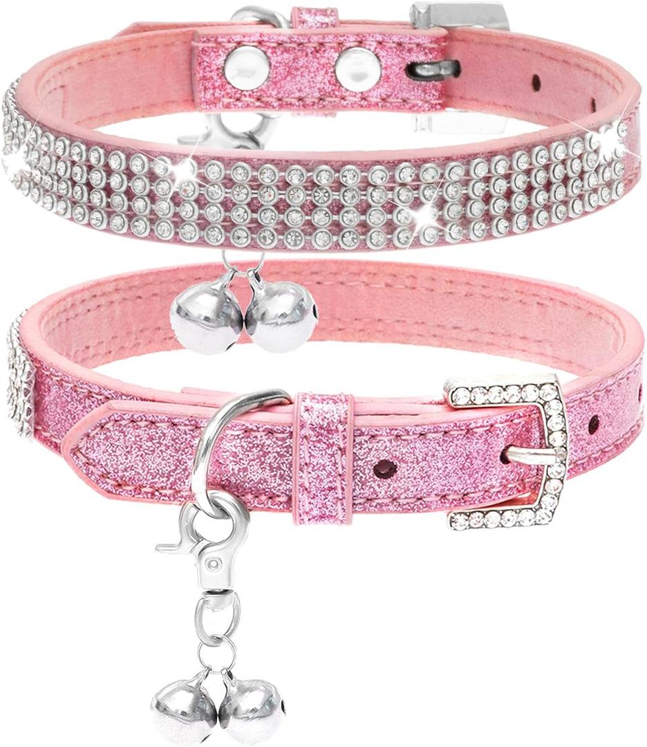 PUPTECK Basic Adjustable Cat Collar with Bling Diamond and Double Bells, for Kitten and Small Puppy, Fashion and Shining Dog Rhinestone Collars, 8-10 in, Pink