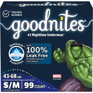 Goodnites Boys' Bedwetting Underwear, Size S/M (43-68 lbs), 99 Ct (3 Packs of 33), Packaging May Vary