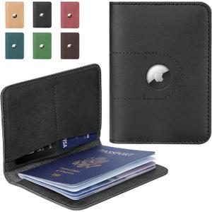 ALLIVE Passport Holder for Travel, Genuine Leather Passport Holder with AirTag Slot for Women and Men, Passport Cover Wallet for Travel Must-Haves, Airport Essentials, Travel Gifts, Black