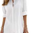 Swimsuit Coverup for Women Casual V Neck Bathing Suit Cover Ups Button Down Beach Bikini Swimwear Cover up Dress Shirt (White, L)