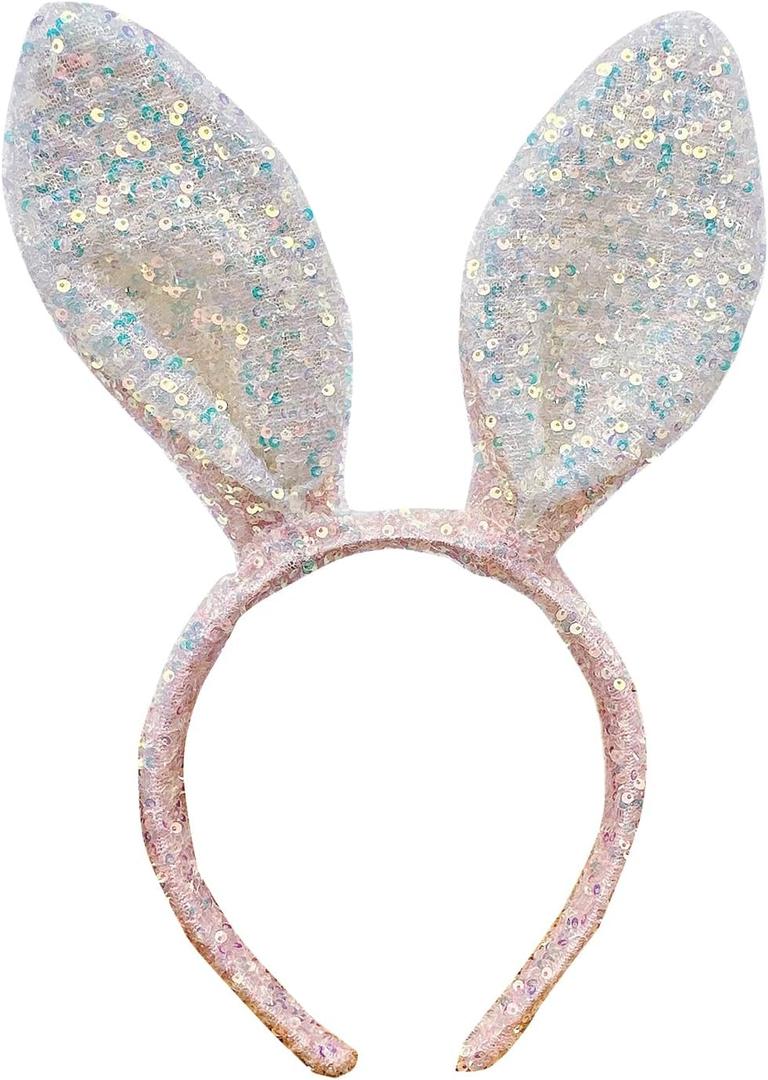 Pink Sequins Bunny Ears Headband for Women, Easter Ears Headband for Costume and Party, Sparkling Easter Headbands Accessory
