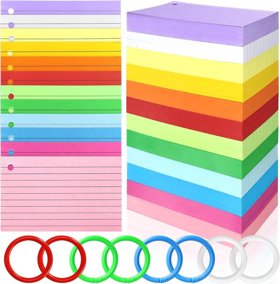 Tecmisse 1200 PCS Colorful Index Cards with Rings, Colored Flash Cards with Rings, 3 x 5 Inch Ruled Note Cards Flashcards Study Cards Notecards for Learning and office Supplies, 12 Colors