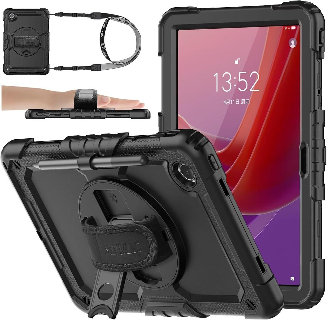 SEYMAC stock Tablet Case for Lenovo Tab M11 (TB-330FU/TB-330XU) 11 inch Drop-Proof Protection Cover with 360 Rotate Stand & Strap [Pen Holder] & Screen Protector/K11/Xiaoxin Pad 2024, Black