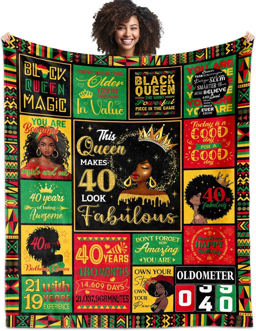 African American 40Th Birthday Gifts for Women, Positive Encouragement Inspirational Bday Gift Blanket 60"X50", 40 Year Old Birthday Gifts for Black Lady Women Mom Sister Friend