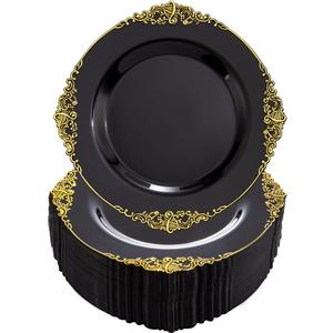 Nervure 100PCS Black and Gold Plastic Plates - 10.25Inch Black Disposable Plates - Black Plastic Dinner Plates for Wedding & Parties & New Year