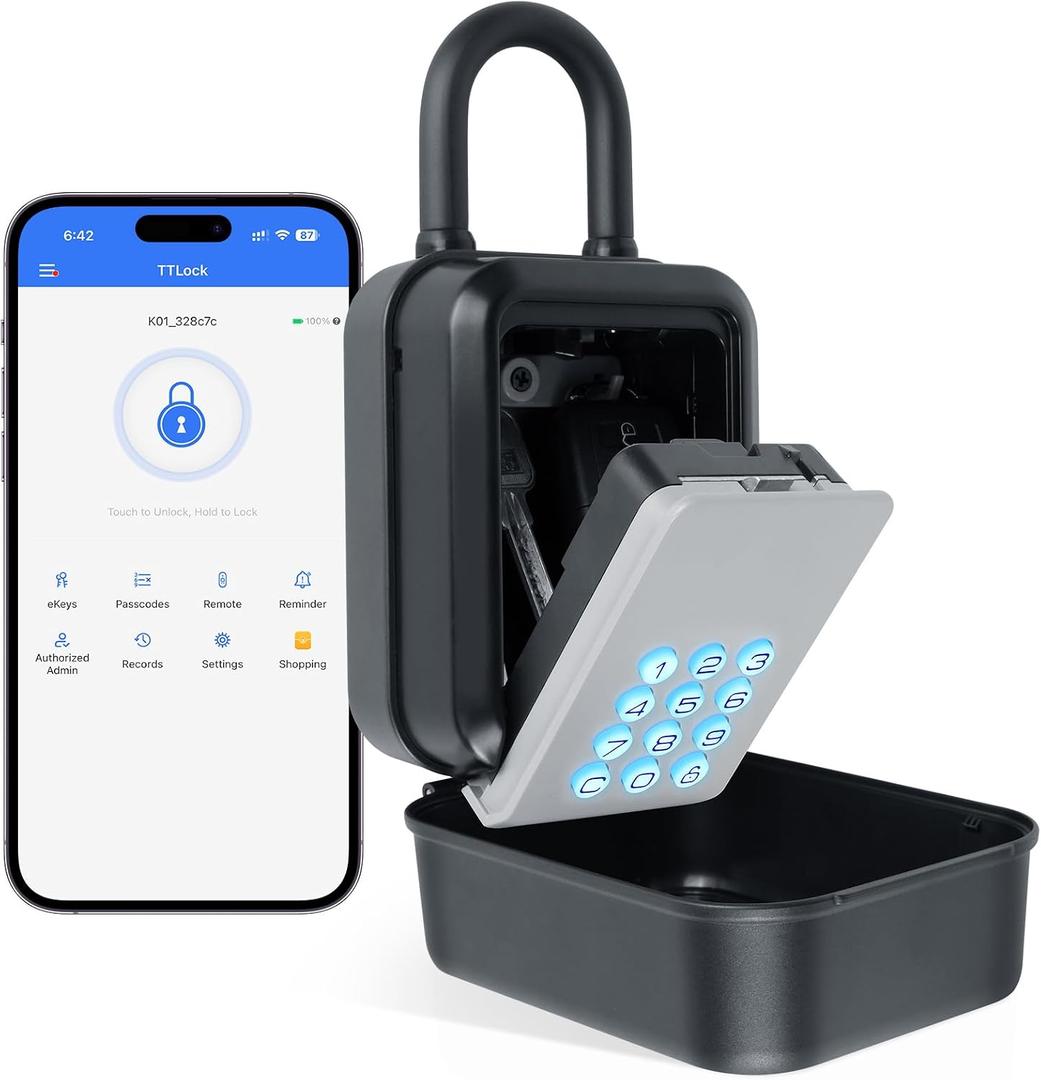 Smart Key Lock Box with Code Bluetooth & PIN Unlock, APP Controlled Padlock Digital Lockbox for Keys Indoor & Outdoor Door Knob & Handle, Generate eKeys and Remote Passcodes for Rentals, Realtors