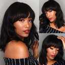 Black Bob Wigs with Bangs Short Wavy for Women Girls Shoulder Length Heat Resistant Synthetic Daily Party Halloween Cosplay Costume Wig 14 Inch