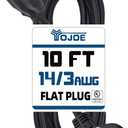 YOJOE Flat Plug Indoor Extension Cord 10 ft, 3 Prong 15A Power Cord, 14 Gauge Heavy Duty Black Extension Cord for Garage, Garden and Home, 14/3 SJTW, UL Listed