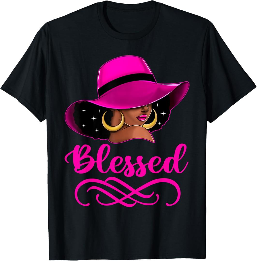 Blessed African American Afro Black Women with Hat Christian T-Shirt, Large
