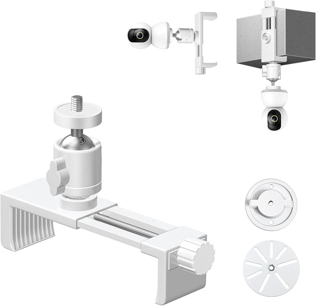 Camera Clip Clamp with 360 Degree Swivel Mini Ball Head Adapter Holder Mounting with 1/4 Inch Screw for Security Cameras Smartphone Mount Brackets, White