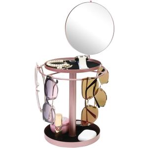 360 Rotating Sunglasses Organizer With Mirror, Metal Glasses Holder Stand, Sunglass Storage Display Eyewear Eyeglasses Rack with Tray for Desk Nightstand Dresser Table Countertop Bedroom, Rose Gold