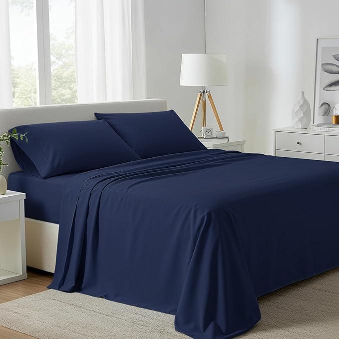 Carressa Linen 100% Egyptian Cotton King Size Sheets Set - 800 Series Tulips Collection Egyptian Cotton Sheets King Size (4 PC, Navy Blue), 16" Deep Pocket Sateen Weave Luxury Bed Sheet
