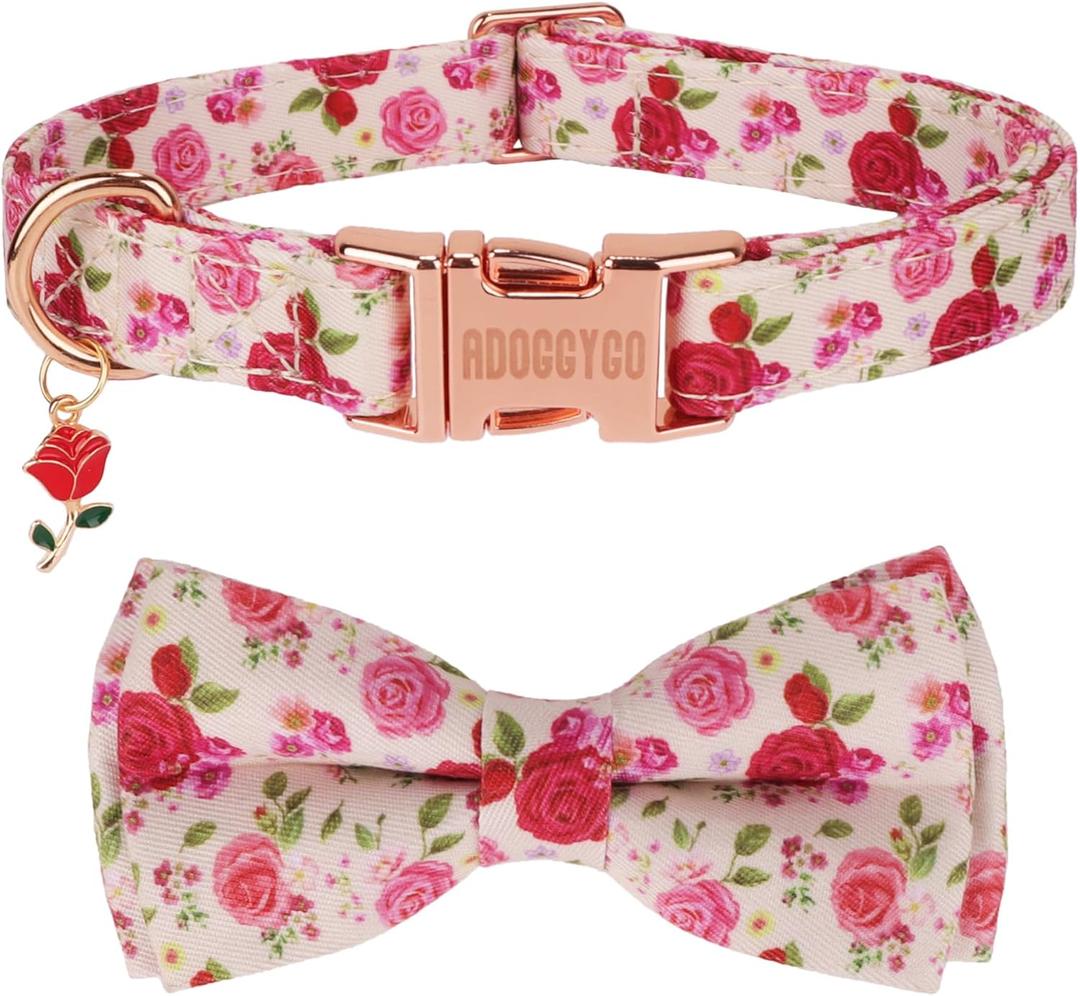 ADOGGYGO Floral Dog Collar with Bow, Red Pink Rose Flower Bow, Metal Buckle, Adjustable Floral Collars for Medium Dogs (Medium)