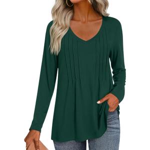 HOTGIFT 2026 Womens Tops Long Sleeve Shirts Casual Fall Winter Tunics Pleated V Neck Fashion (X-Large, Blackish Green)