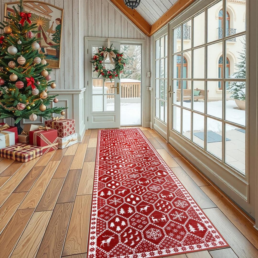 Seavish Christmas Runner Rug, 2x8 Hallway Runner Rug, Red Kitchen Runner Rugs Non Skid Washable, Long Entryway Accent Rug, Modern Holiday Decor Floor Carpet Rugs for Bedroom Bathroom Living Room (Xmas Geometric Red)