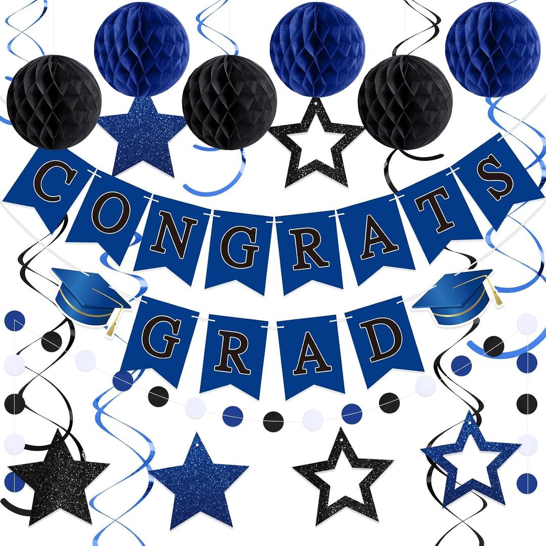 Seenelling 2026 Graduation Decorations Blue Black Congrats Grad Banner with Hanging Swirl Honeycomb Ball Circle Garland Grad Party Favor Supplies for College Senior High School Classroom Decor