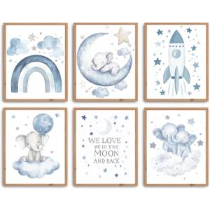 3 x Baby Elphant Nursery Decor, 8 X 10 Inch Blue Moon and Stars Nursery Art Prints Cute Elephant Poster Animal Picture for Bedroom (UNFRAMED) (Black)