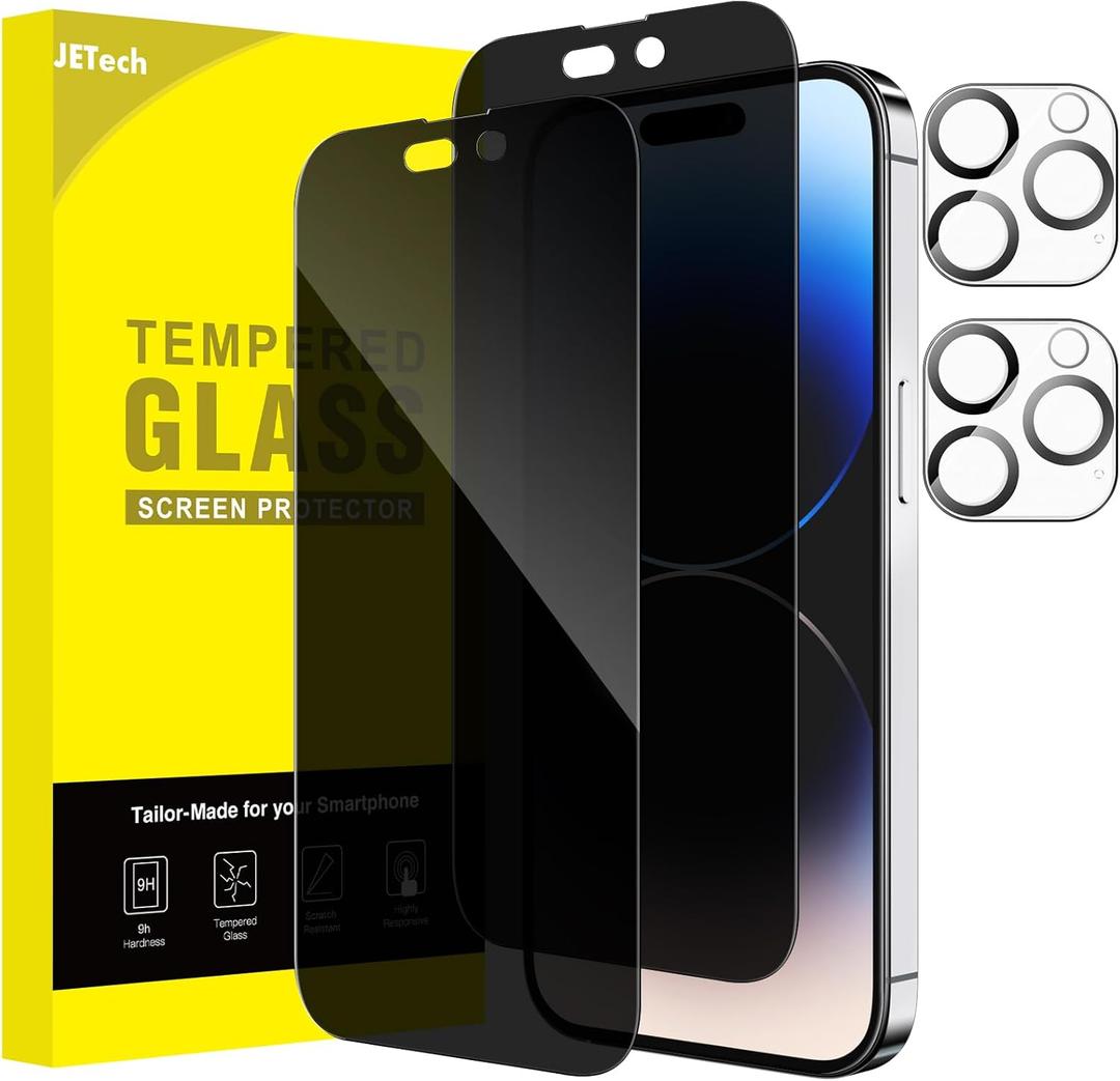 JETech Privacy Full Coverage Screen Protector for iPhone 14 Pro 6.1-Inch with Camera Lens Protector, Anti-Spy Tempered Glass Film, 2-Pack Each