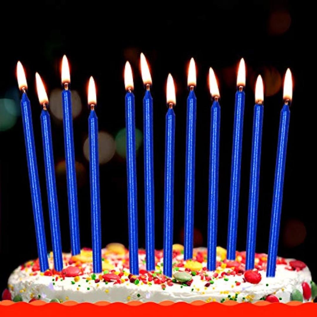 12 Count Long Thin Blue Birthday Cake Candles in Holders for Birthday Wedding Party Cupcake Decorations Tall Candles