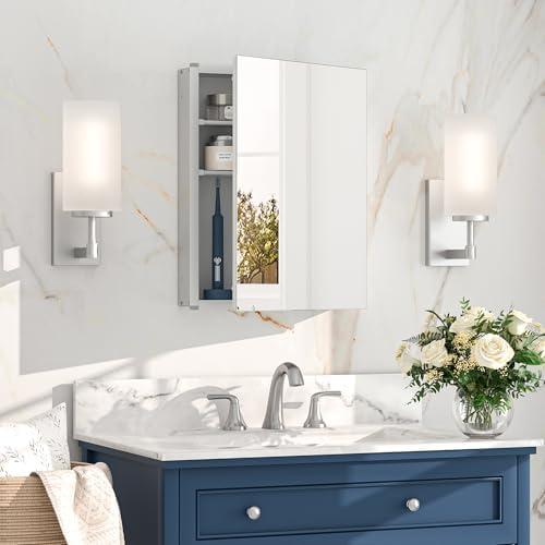 Keonjinn Small Medicine Cabinet 14 x 18 Inch, Assembly Required, Silver Bathroom Medicine Cabinet with Mirror, Lightweight, Free Adjustable Shelves, Wall Mount or Recessed, Tempered Glass