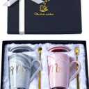 Luspan Wedding Gifts for Bride and Groom,Bridal Shower Engagement Gifts for Couples,Mr and Mrs Marble Coffee Mugs 14 Oz (Grey and Pink)