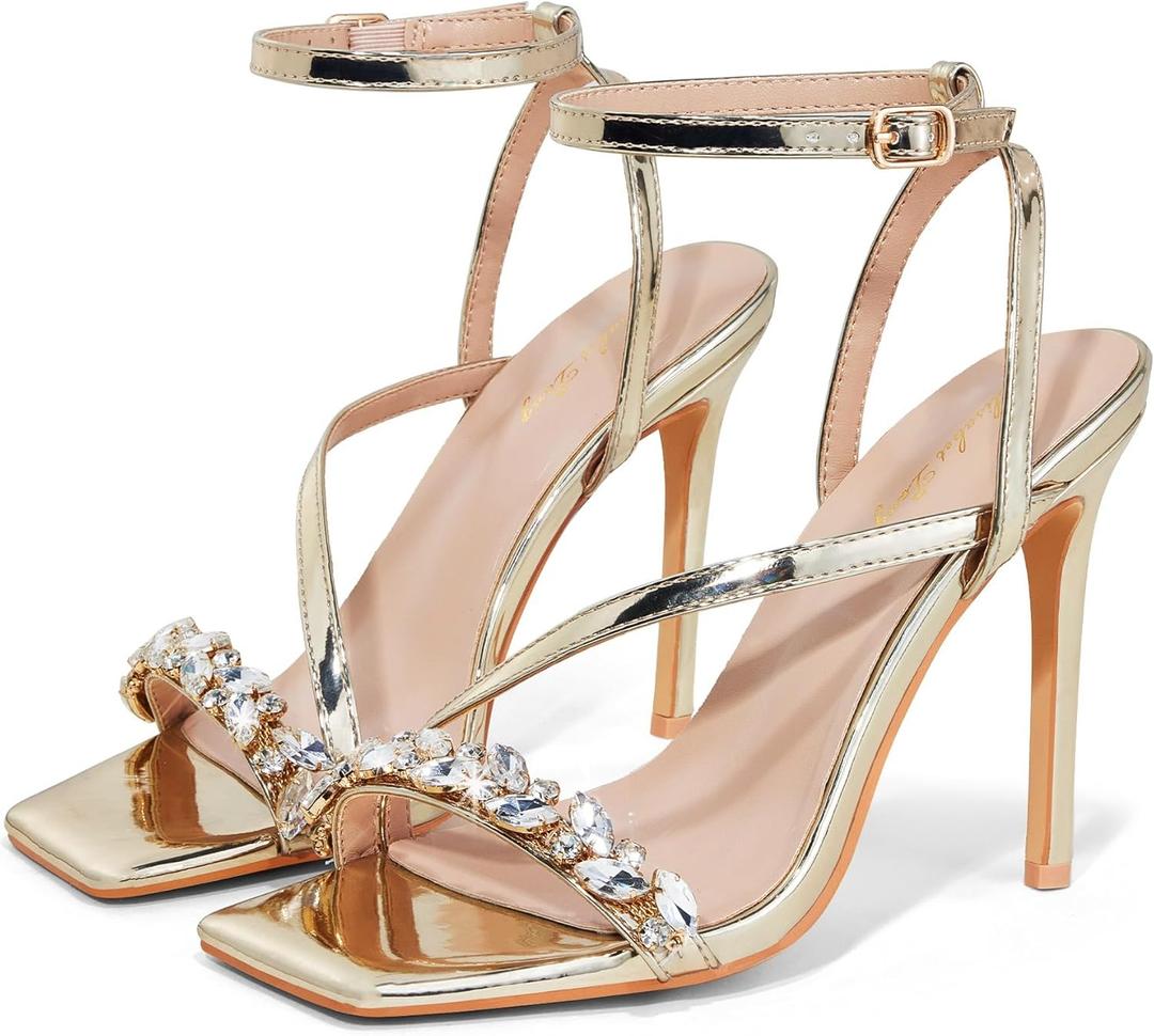 Elisabet Tang Womens Crystal Stilettos Heeled Sandals, 4 Inch Square Open Toe Strappy Sexy High Heels Ankle Strap Buckle Heels for Party Wedding Dress Daily Wear Shoes (6.5, Gold Rhinestone)