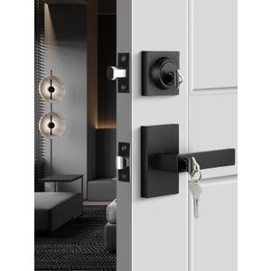Black Exterior Door Lock Set, Front Door Lock Set with Deadbolt, Square Contemporary Matte Black Front Door Lock Sets, Heavy Duty Zinc-alloyed Exterior Door Handle (1 Pack) (Rectangular)