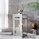 TRIROCKS Stainless Steel Decorative Lantern 12'' High Metal Hanging Lantern with Clear Glass Panels Perfect for Home Decor Living Room Parties Events Tabletop Indoors Outdoors (Silver)