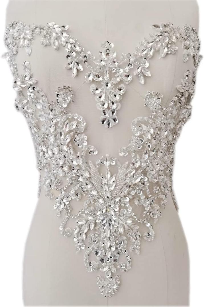 Handmade Rhinestones lace Applique handsewing Beads Sequins Trimming Patches for Dress Clothing Accessories More Colour (Silver)