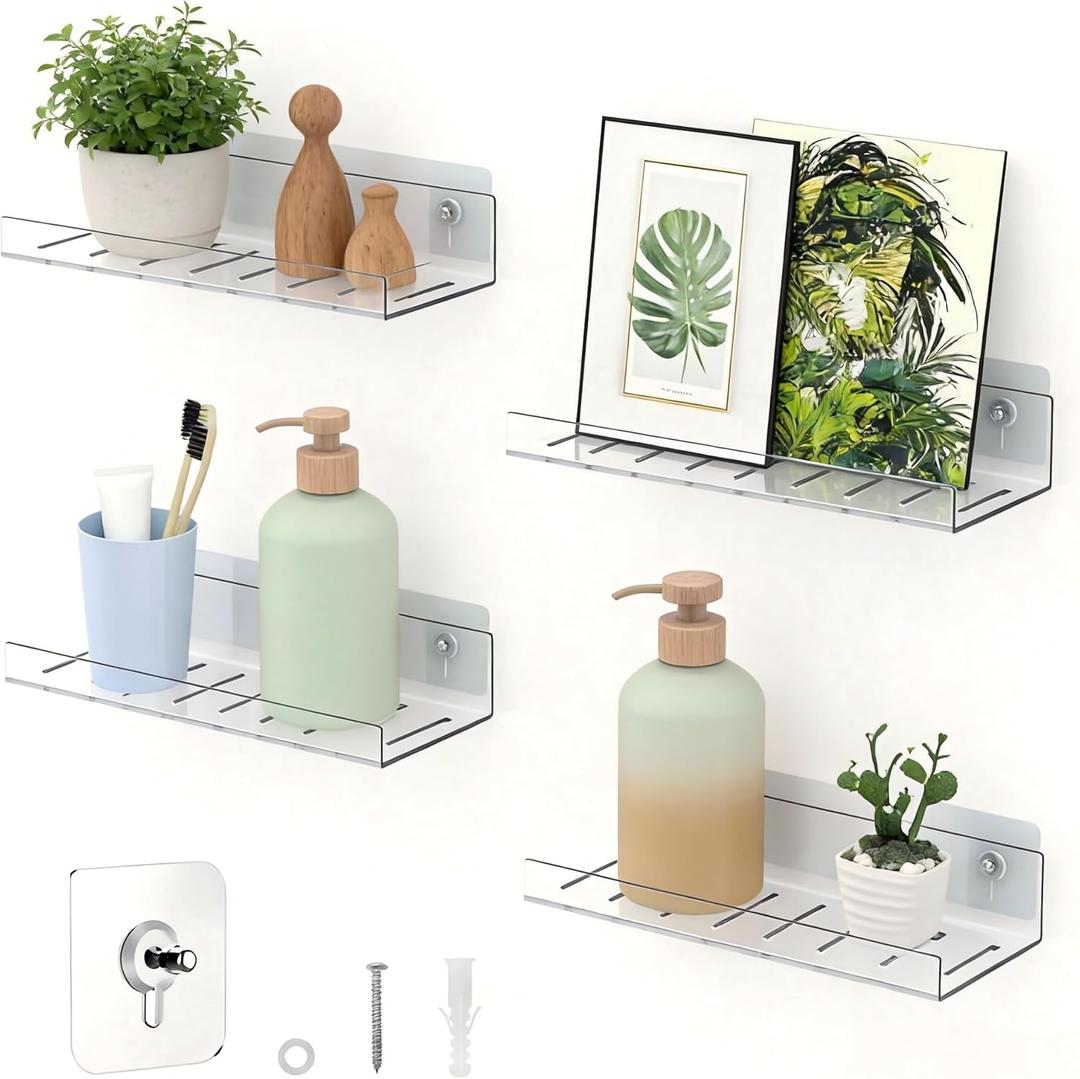 LAZYROSY 4 Pack Floating Shelves  Clear Acrylic/PET Wall-Mounted No Drill Storage with Adhesive, Invisible Bathroom & Bedroom Shelving for Kitchen, Living Room, Transparent Decor (4-Piece Set)