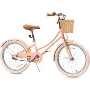 Bixike Retro Design Girls Bike with Basket and Coaster Brake for 3-13 Years Old Kids, 14 16 18 Inch Cruiser Bicycle for Toddlers with Training Wheels, 20 24 26 Inch with Kickstand, Multiple Colors (Peach)