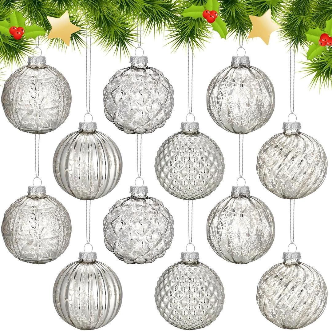 Jenaai 12 Pcs 2.36 Inch Silver Glass Christmas Ball Ornaments Vintage Christmas Tree Decorations Mercury Glass Hanging Ornaments for Trees Xmas Holiday Party Garland DIY Craft Supplies, 6 Style