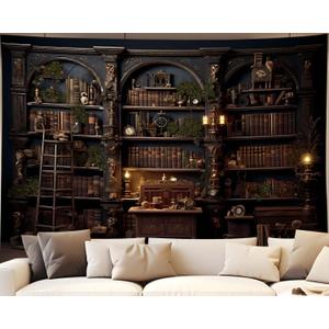Vintage Bookshelf Tapestry Wall Hanging, Retro Library Wall Tapestry, Old Books on Shelf Classical Study Room Student Study College Dorm Bedroom Living Room Medieval Castle Wall Decor (51.2L" x 59.1W")