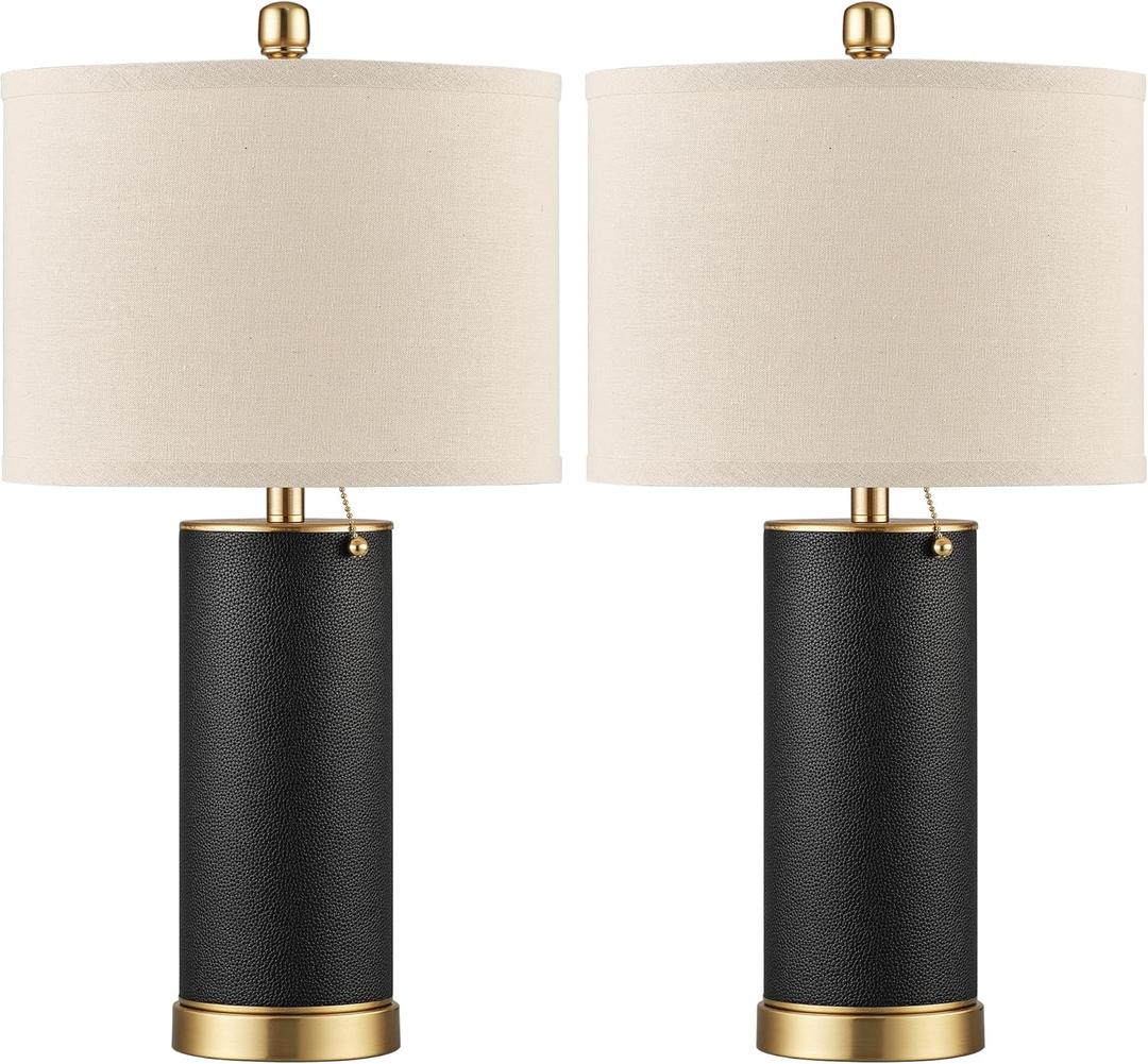 KDG 23.4" Black PU Leather Table Lamps for Living Room Set of 2, E26 Socket LED Modern Home Decor Fabric Lampshade Desk Lamp Lighitng for Bedroom, Bedside, Farmhouse, Nightstand, Night Light