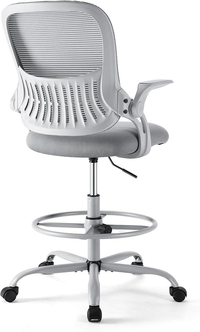 Sweetcrispy Tall Drafting Desk Chair - Ergonomic High Stool Computer with Adjustable Height and Comfy Lumbar Support, Office Rolling Counter with Flip-up Arm and Footrest, Grey