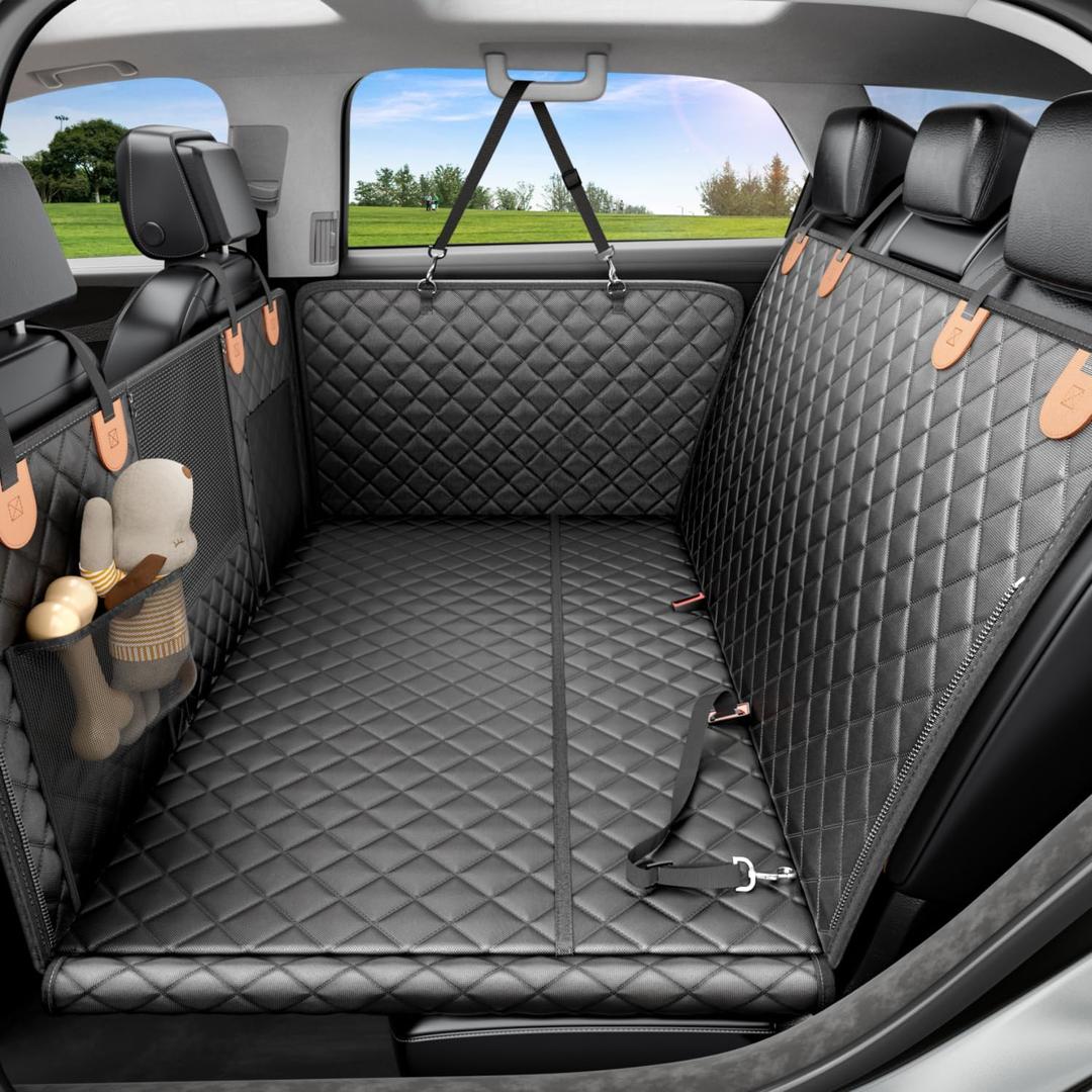 REEVAA Dog Car Seat Cover for Back Seat, Hard Bottom Dog Hammock, Pet Bed Extender for 2-4 Large/Medium Dogs, Ruff Waterproof Seat Protector, Rover Universal L Size for SUV Medium Truck, Black+Orange