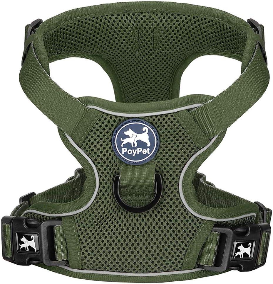 PoyPet Reflective Soft Breathable Mesh Dog Harness Choke-Free Double Padded Vest with Adjustable Neck and Chest(Military Green,XS)