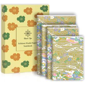 Bloom Life 4-Pack Washi Journals, Blank Notebooks, 80g Paper, 60 Pages Each, Bookmark Included, Perfect Japanese Notebook, Gift Set, Durable Paper for Daily Use-4 Different Sizes (Gold river)