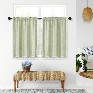 MitoVilla Boho Kitchen Curtains 36 Inch Length, 2 Panels Modern Farmhouse Short Cafe Curtains, French Country Small Tier Cotton Linen Curtain for RV/Bathroom/Basement/Laundry Room, Sage Green