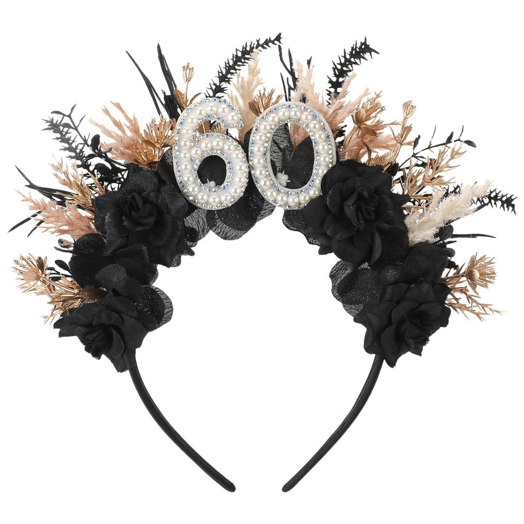 60th Birthday Headband for Women - Black 60th Birthday Crown for Mom Grandma, 60 Year-old Gifts for Her Party Accessory