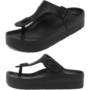 Haifago Women's Platform Sandals with Arch Support, Summer Beach Slides Adjustable Buckle Comfortable Lightweight EVA Slip on Slide (7, Flip Flops-Black)