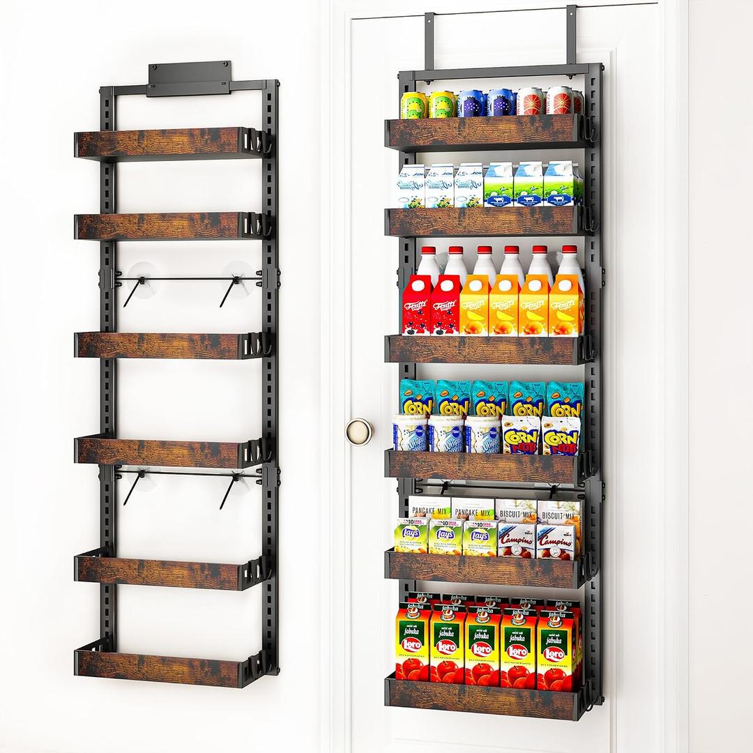 BUKFEN 6-Tier Over the Door Pantry Organizer, 2-in-1 Door Hanging or Wall Mounted Spice Rack, Heavy Duty Metal Storage Shelves with Adjustable Wooden Baskets for Kitchen Bathroom Closet