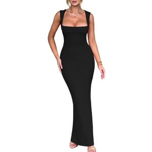 Women's Elegant Sleeveless Square Neck Bodycon Ruched Long Evening Party Dress (Black)