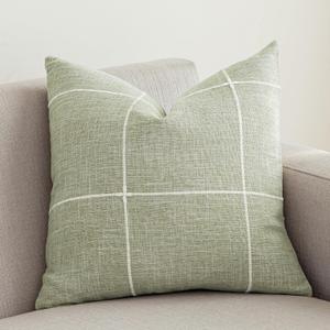 vctops Rustic Lattice Cotton Linen Decorative Throw Pillow Cover Embroidery Square Cushion Cover Pillowcase for Sofa Bedroom Couch (Plaid Green, 24"x24")