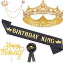 Junkin 5 Pieces Birthday Accessories Include Man Crown King Sash Tinplate Badge Pin Brooch Hanging Chain for Man Birthday Party