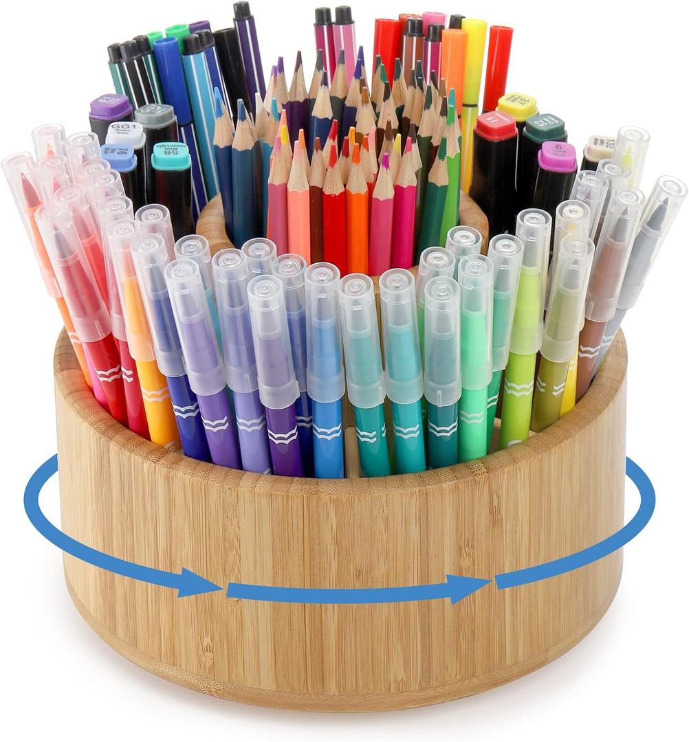SOUJOY Bamboo Pen Holder Organizer, 360Rotating Art Supply Organizer with 11 Compartments, Color Pencil Storage Caddy, Hold 200+ Pencils, Office Desk Stand Box for Marker Pens, Pencil, Art Brushes