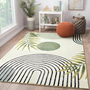 RoomTalks Mid Century Modern Washable Rug Stain Resistant, Boho Cute Aesthetic 9x12 Area Rugs for Bedroom Dining Living Room Office, Green Abstract Tropical Leaves Indoor Rug Plant Botanical Carpet