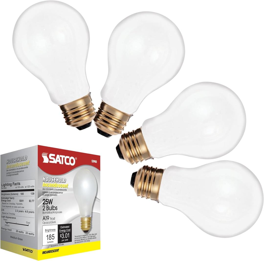Satco S3950 25 Watt A19 Incandescent Frosted Light Bulbs - Medium Base - 130 Volts - 2700K Warm White - 4 Bulbs
