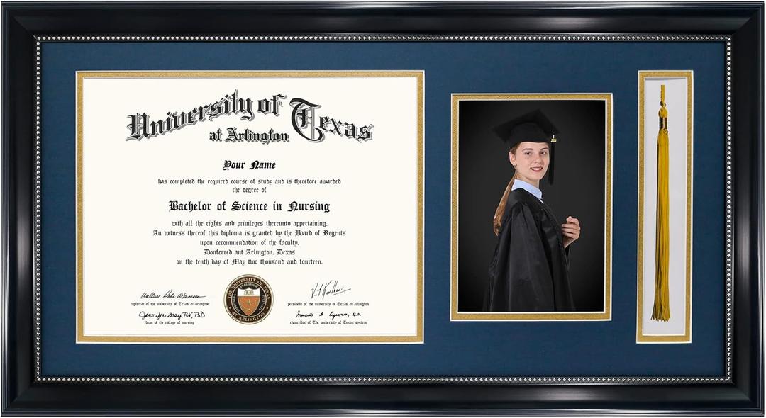 GraduationMall 11x22 Black Diploma Frame with Tassel Holder and Picture for 8.5x11 Certificate 5x7 Photo,Real Glass,Navy over Gold Mat